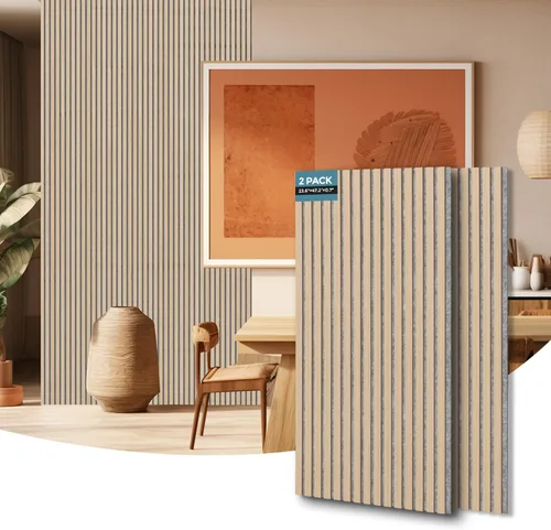 Vista 13 de AKUMAX Paquete de 2 paneles acústicos, listones de madera para pared y techo, paneles de espuma acústica de 96 x 24 pulgadas, paneles de pared 3D
