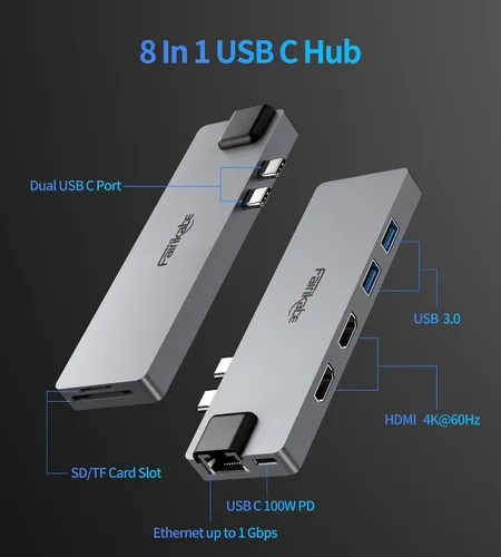 Vista 2 de Adaptador multipuerto USB C Hub para MacBook Pro 2019/2018/2017, adaptador USB C a HDMI dual 8 en 1 4K 60Hz, Ethernet de 1 Gbps, lector de tarjetas