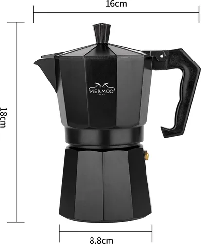 Vista 2 de MERMOO YILAN Moka Pot - Cafetera clásica para estufa, 6 tazas de café expreso de 10.1 fl oz, cafetera de estilo italiano negro Negro-10.1 fl oz