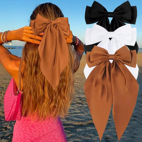 Vista 27 de Velscrun Lazos para el cabello para mujeres y niñas, 3 unidades, lazo blanco, lazo negro, azul marino, lazos grandes para el cabello con clip, lazos