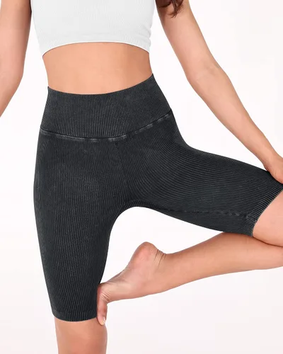 Vista 3 de ODODOS Pantalones cortos de yoga sin costuras para mujer, cintura alta, levantamiento de glúteos, lavado ácido, acanalado, entrenamiento, gimnasio
