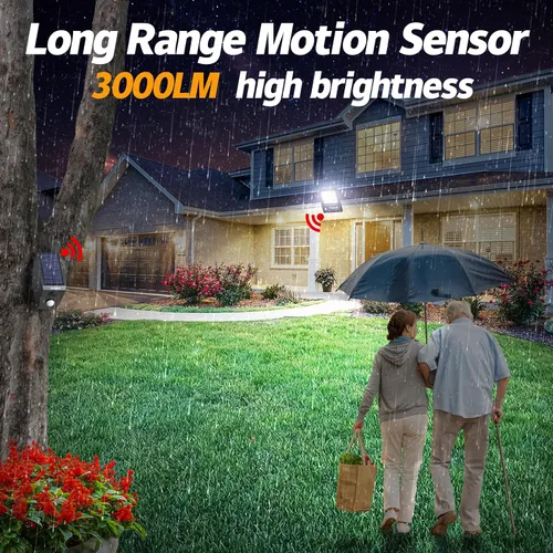 Vista 2 de intelamp Luces solares de inundación al aire libre impermeables, reflector de sensor de movimiento de 12000mAh 3000LM enlazable con control remoto