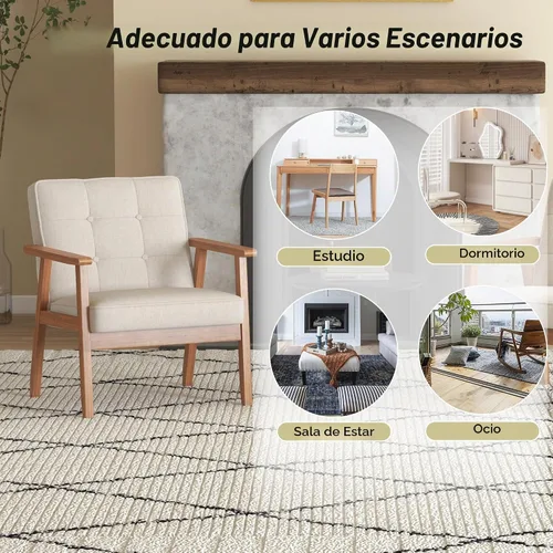 Vista 9 de Silla decorativa de lino beige, sillón copetudo con marco de madera