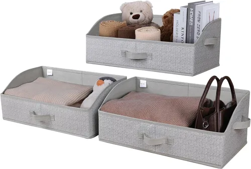 Vista 12 de WUIKE Cestas de almacenamiento para estantes, contenedores de almacenamiento de tela con asas, cesta plegable para estantes organizadores y Beige