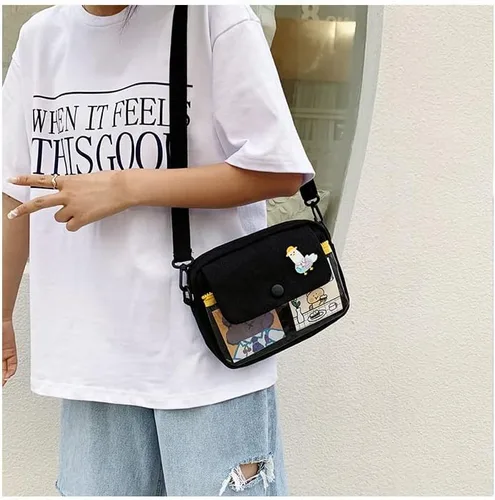 Vista 2 de Monedero de lona kawaii mini kawaii, lindo bolso cruzado para mujer, bolsa de mensajero para la escuela, Negro -, Bandolera