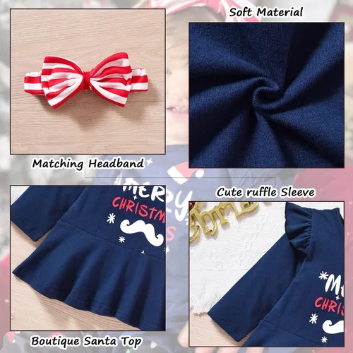 Vista 6 de Conjunto de ropa de Navidad con estampado de Papá Noel para niñas pequeñas, conjunto de ropa de Navidad de 3 piezas