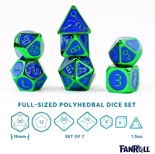 Vista 6 de FanRoll - Juego de dados poliédricos de metal de 0.630 in: verde con esmalte azul, dados de juego de rol para Calabozos y Dragones
