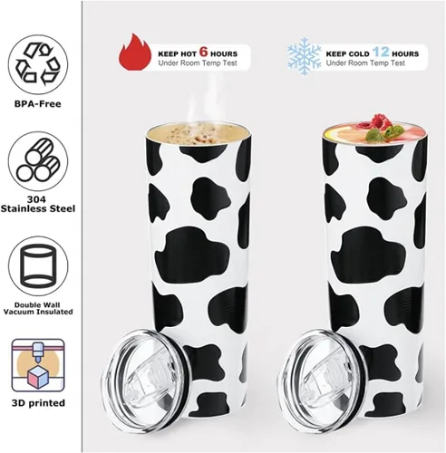 Vista 4 de LP - Vaso estampado de vaca con tapa, popote y cubierta de paja con cara de vaca. Aislamiento de doble pared, 20 onzas (paquete de 4)