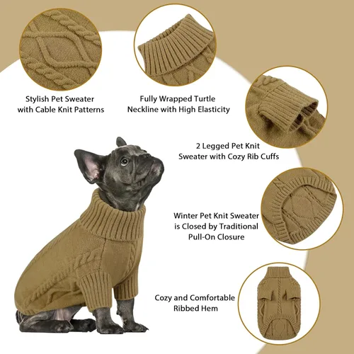 Vista 17 de Queenmore - Suéter de punto trenzado con cuello alto para perros pequeños, para climas fríos, para chihuahua, bulldog, teckel, carlino y yorkie, XS