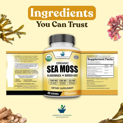 Vista 8 de American Standard Supplements Cápsulas orgánicas de musgo marino, vejiga y raíz de bardana, 1200 mg de Seamoss, 1200 mg de vejiga de vejiga, 225 mg