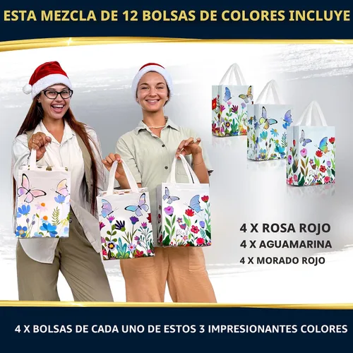 Vista 6 de Nush Nush Bolsas de regalo de mariposa con asas de tamaño mediano - Juego de 12 bolsas de regalo florales con brillante impresión holográfica