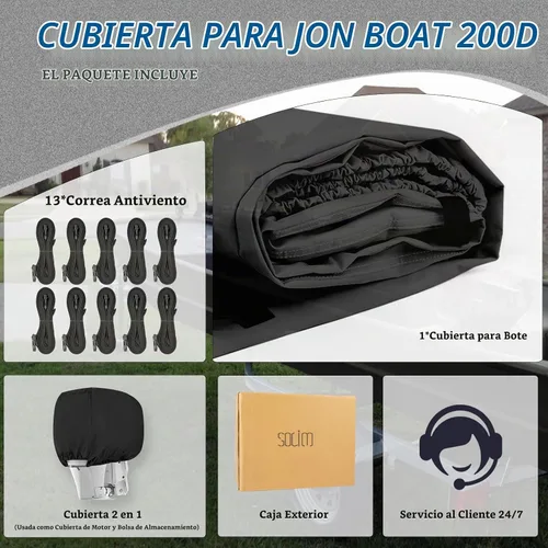 Vista 6 de Solim Funda para Barco Jon de 14 Pies con Cubierta para Motor, 1200D PU Impermeable Cubierta de Amarre de Servicio Pesado, Lona de Poliéster de Negro