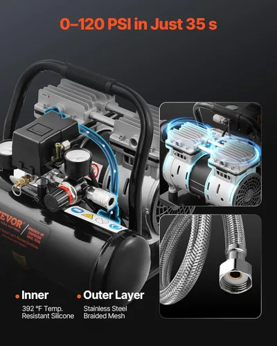 Vista 3 de VEVOR Compresor de aire, tanque de acero de 1 galón, compresor de aire libre de aceite de 1 HP 1.5 CFM a 90 PSI y presión máxima de 120 PSI