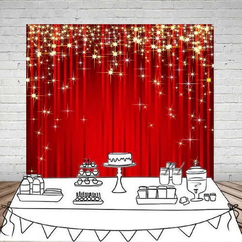 Vista 2 de Sensfun 6x6 pies Telón de fondo rojo con estrellas de Navidad, purpurina dorada, estrella de fotografía, fondo de foto con serpentina roja, telones