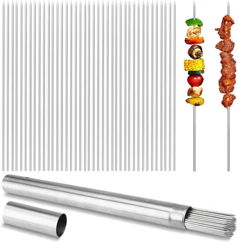 Vista 8 de Brocheta de acero inoxidable de 5.9 pulgadas para asar a la parrilla, palitos de cóctel, palillos de vidrio de Martini reutilizables, 50 piezas