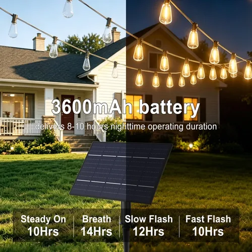 Vista 5 de Achin 50FT Solar String Lights Outdoor with 32 LED Bulbs 1.5FT Bulbs Spacing,Patio String Lights Whith Remote, IP65 Waterproof, 3600mAm Battery