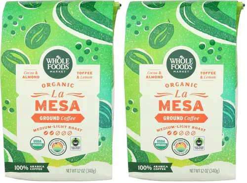 Vista 7 de Whole Foods Market, Organic La Mesa Café molido tostado medio ligero, cacao, almendras, caramelo y limón, 12 onzas