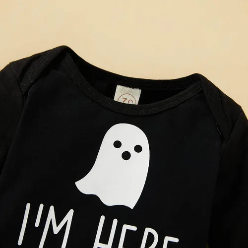 Vista 2 de Trajes de Halloween para bebés niños y niñas, divertido mameluco con letras y pantalones de calabaza fantasma, ropa de Halloween