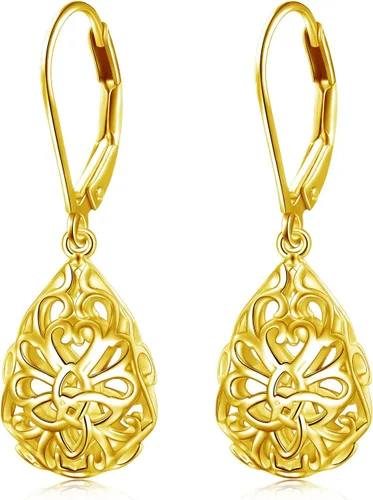Vista 31 de Aretes colgantes de filigrana de plata de ley 925, margarita, loto, flor de rosa, piedra lunar, lágrima para mujer, nudo celta infinito, margarita