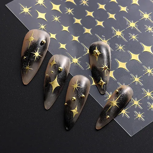 Vista 5 de Calcomanías de arte de uñas doradas, diseño de sol, luna, estrellas, línea de corazón, flores, calcomanías autoadhesivas para uñas, calcomanías