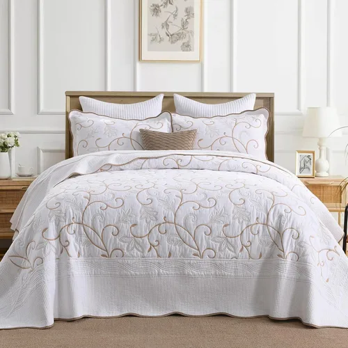 Vista 13 de Juego de cubrecama de gran tamaño de 100% algodón, 120"x102" extra grande para cama Queen, con fundas de almohada, ropa de cama bordada ligera de 3