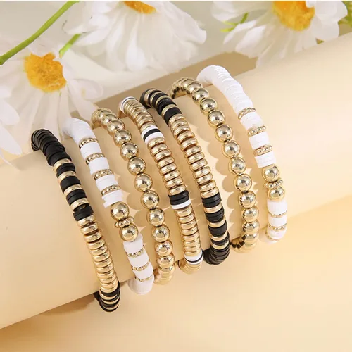 Vista 4 de Pulseras elásticas apilables hechas a mano con cuentas de arcilla Heishi, estilo bohemio, colorido, disco de vinilo, pulsera elástica