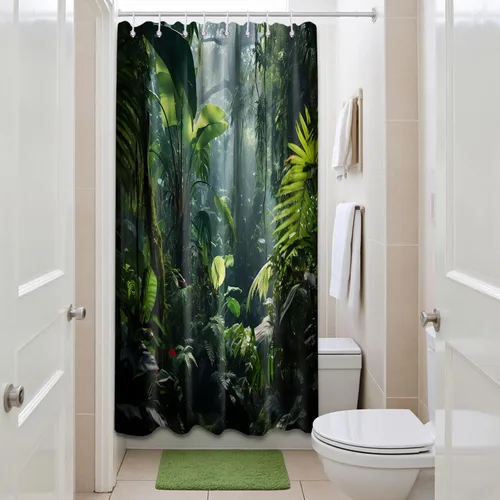 Vista 2 de Cortina de ducha verde de selva naturaleza bosque selva tropical paisaje planta tropical decoración de baño, tela impermeable con ganchos, 36x72