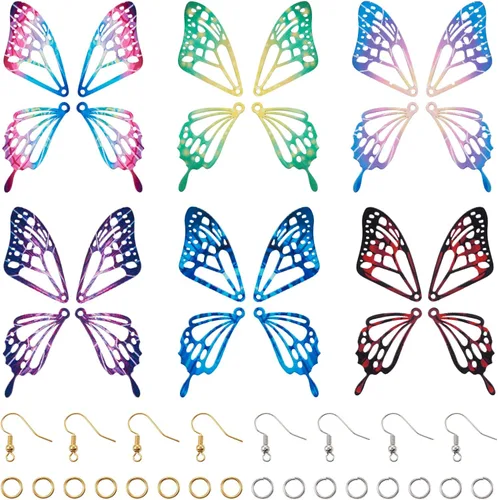 Vista 11 de FASHEWELRY 50 piezas de conectores de filigrana de mariposa de acero inoxidable, adornos de metal grabados con arco iris para fabricación de joyas