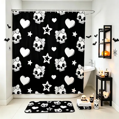 Vista 31 de Happy Halloween Shower Curtain,Bowknot Snowflake Pattern Bathroom Curtains,Sweet Ghost Holiday Theme Waterproof Bath Curtain,Black Bathroom Curtains