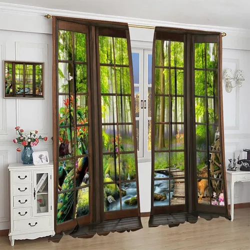 Vista 4 de Cortinas de paisaje, ventana 3D, primavera, bosque, vida silvestre, paisajes de naturaleza, dormitorio, sala de estar, cortinas térmicas opacas de 2