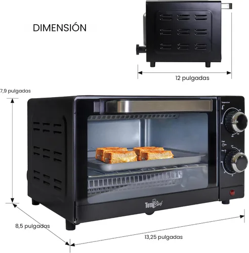 Vista 7 de Total Chef - Horno tostador para tostadas, hornear, asar, pizza, tamaño compacto para cocina pequeña, electrodoméstico con temporizador, negro