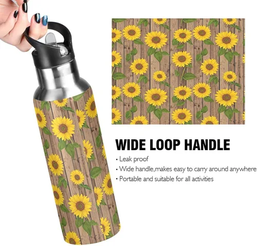 Vista 4 de Sunflowers Green Leaves Insulated Stainless Steel Water Bottle with Straw 20 Oz, BPA-Free Sport Water Bottle Insulated Leakproof Water Bottles