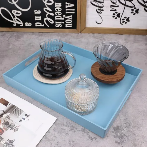 Vista 4 de Bandeja azul para mesa de café, bandeja decorativa rectangular de plástico con asas para entretenimiento, patio al aire libre, sala de estar