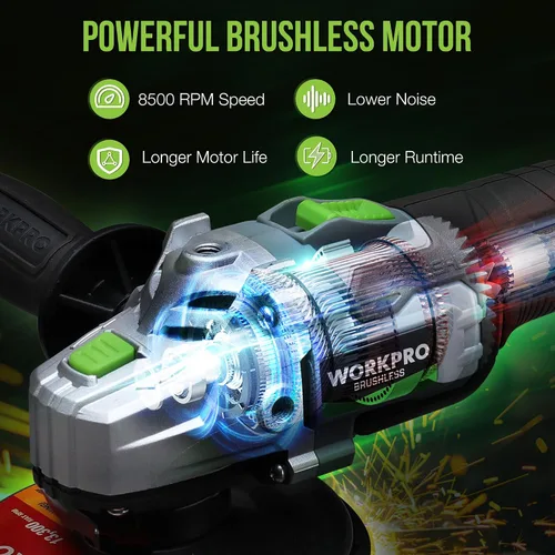 Vista 2 de WORKPRO Amoladora angular inalámbrica, amoladora sin escobillas de 20 V con batería de 4.0 Ah y cargador rápido, discos de 4-1/2 pulgadas, motor sin