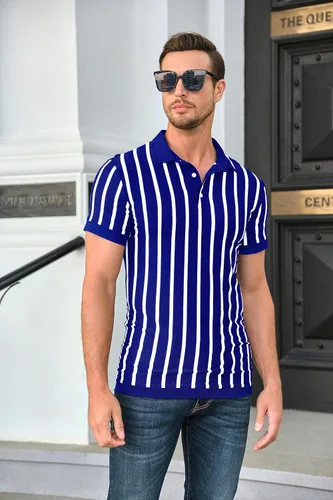 Vista 2 de Mens Striped Polo Shirts Black and White Striped Golf Shirts,Cotton Blend Knit Button Down Casual Summer Short Sleeve