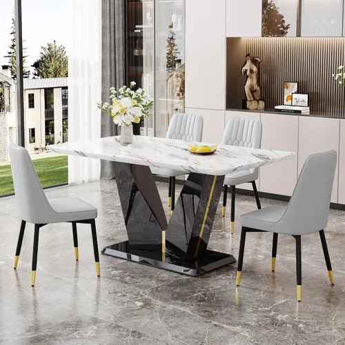 Vista 11 de Juego de mesa de comedor de 5 piezas, juego de mesa de comedor moderno de mármol de 63 pulgadas para 4, juego de mesa de cocina blanca para 4, juego