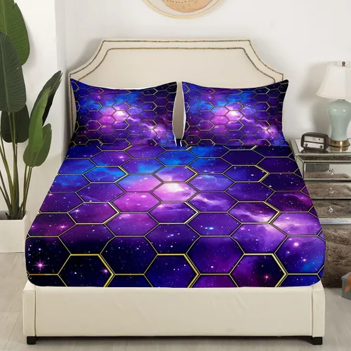 Vista 3 de Manfei Juego de sábanas bajeras de panal de galaxia, tamaño individual, 2 piezas, estampado geométrico hexagonal, funda de cama de cielo estrellado