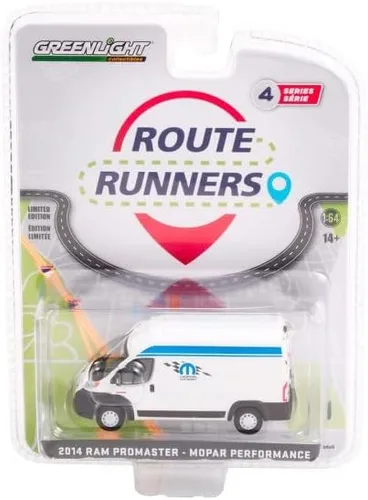 Vista 4 de Dodge Ram ProMaster 2014, blanco con rayas azules - Greenlight 53040A escala 1/64 coche fundido a troquel