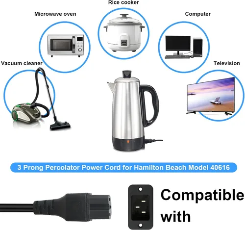 Vista 3 de Cable de alimentación percolador de 3 clavijas para Hamilton Beach Modelo 40616, piezas de repuesto para cafeteras Farberware, monitores de 3 pies