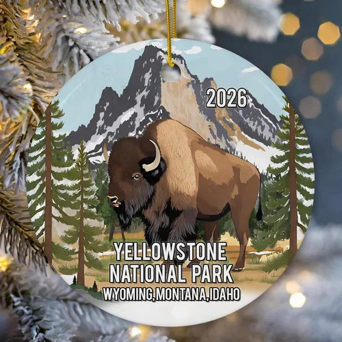Vista 2 de Yellowstone National Park - Adorno de Navidad de cerámica de bisonte, 3 pulgadas
