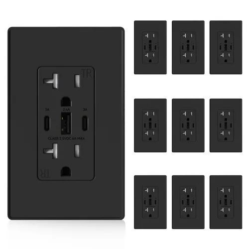 Vista 28 de ELEGRP Tomacorrientes USB, 30 W 6.0 Amp USB C, toma de pared USB de 3 puertos, toma de corriente resistente a manipulaciones de 15 amperios con 2