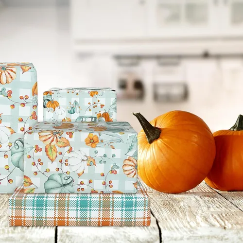 Vista 6 de Whaline 12 hojas de papel de regalo de calabaza de otoño, bohemio, pastel, calabaza, camión, papel de regalo, a cuadros blancos cian, manualidades