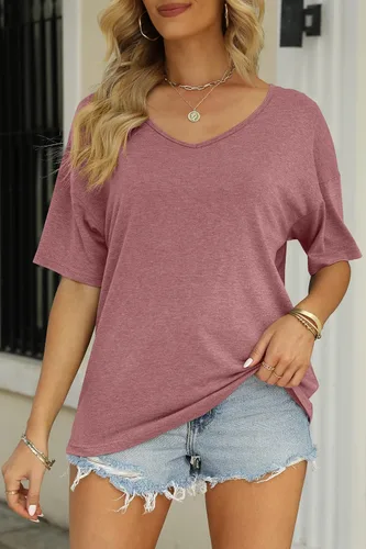Vista 2 de MIROL Camisetas de media manga para mujer, cuello en V, de gran tamaño, sueltas, casuales, básicas, de color liso