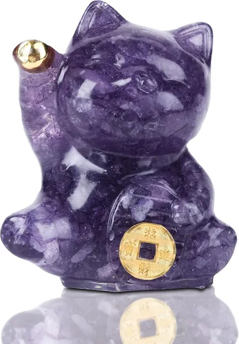 Vista 9 de Figura de gato de la suerte de cristal amarillo tallada a mano Maneki Neko Dinero Gatos Estatua Feng Shui Decoración para el hogar Oficina Atrae
