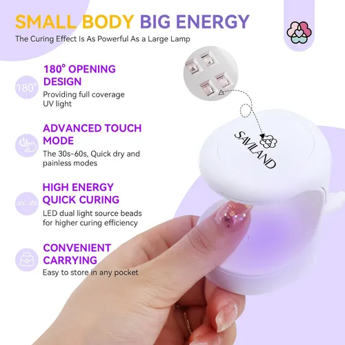 Vista 7 de Saviland Mini Lámpara de Uñas, Lámpara de Uñas de Secado Rápido de Gel 16W, Luz UV Portátil para Extensión de Uñas Fácil y Rápida, Lámpara de Curado