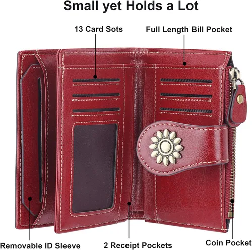 Vista 4 de Lavemi Cartera de cuero para mujer, pequeña, compacta, con bloqueo RFID, con bolsillo con cremallera