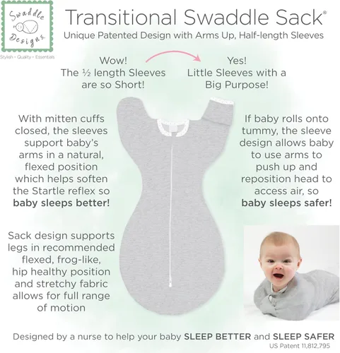 Vista 6 de SwaddleDesigns Saco de envolver con brazos arriba, mangas de media longitud y puños de mitones