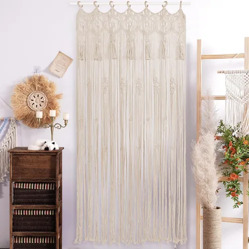 Vista 2 de ANMINY Cortinas de macramé de 79 x 37 pulgadas, cortinas bohemias con borlas hechas a mano de algodón macramé para colgar en la pared, cortina