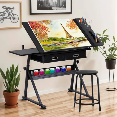Vista 9 de Mesa de Dibujo Escritorio de Dibujo Estación de Trabajo de Arte y Manualidades Altura Ajustable Tablero Inclinable Mesa de Manualidades Escritorio