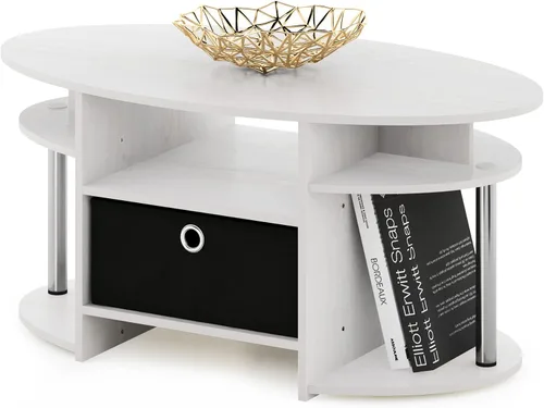 Vista 14 de Furinno Jaya Mesa de Centro Ovalada de Diseño Simple con Contenedor para Sala de Estar, Americano/Cromo/Negro